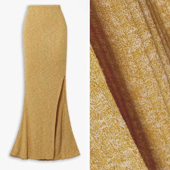 NWT 16Arlington Nasu Leather-trimmed Ribbed-knit Maxi Skirt Pastel yellow $580 - Picture 3 of 16